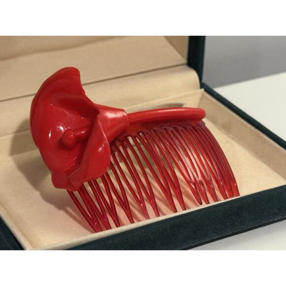Unbranded Accessories - Vintage HAIR COMB Bright Red BAKELITE FLOWER Rockabilly